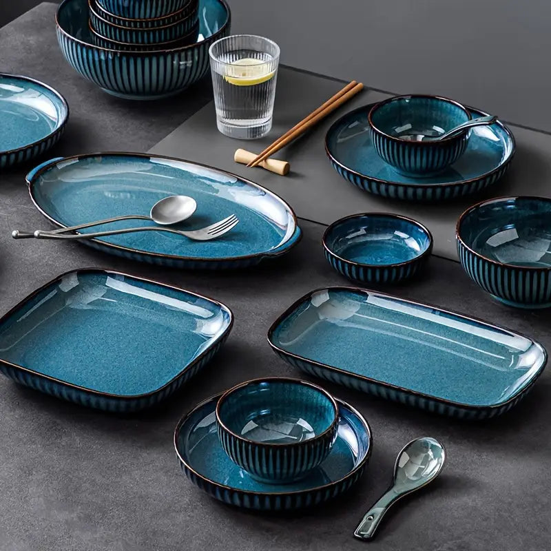 Vintage Blue Ceramic Plate Set: Includes a Round Platter, a Deep Bowl, and a Shallow Bowl