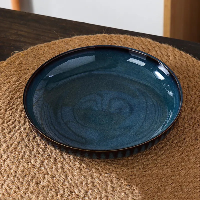 Vintage Blue Ceramic Plate Set: Includes a Round Platter, a Deep Bowl, and a Shallow Bowl