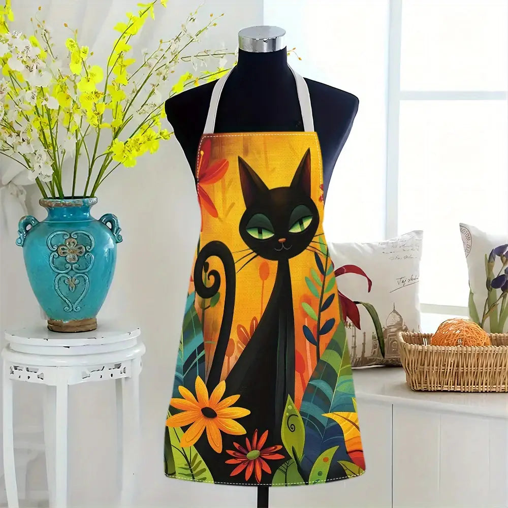 Kitten Design Linen Kitchen Apron, Easy-Clean & Storage