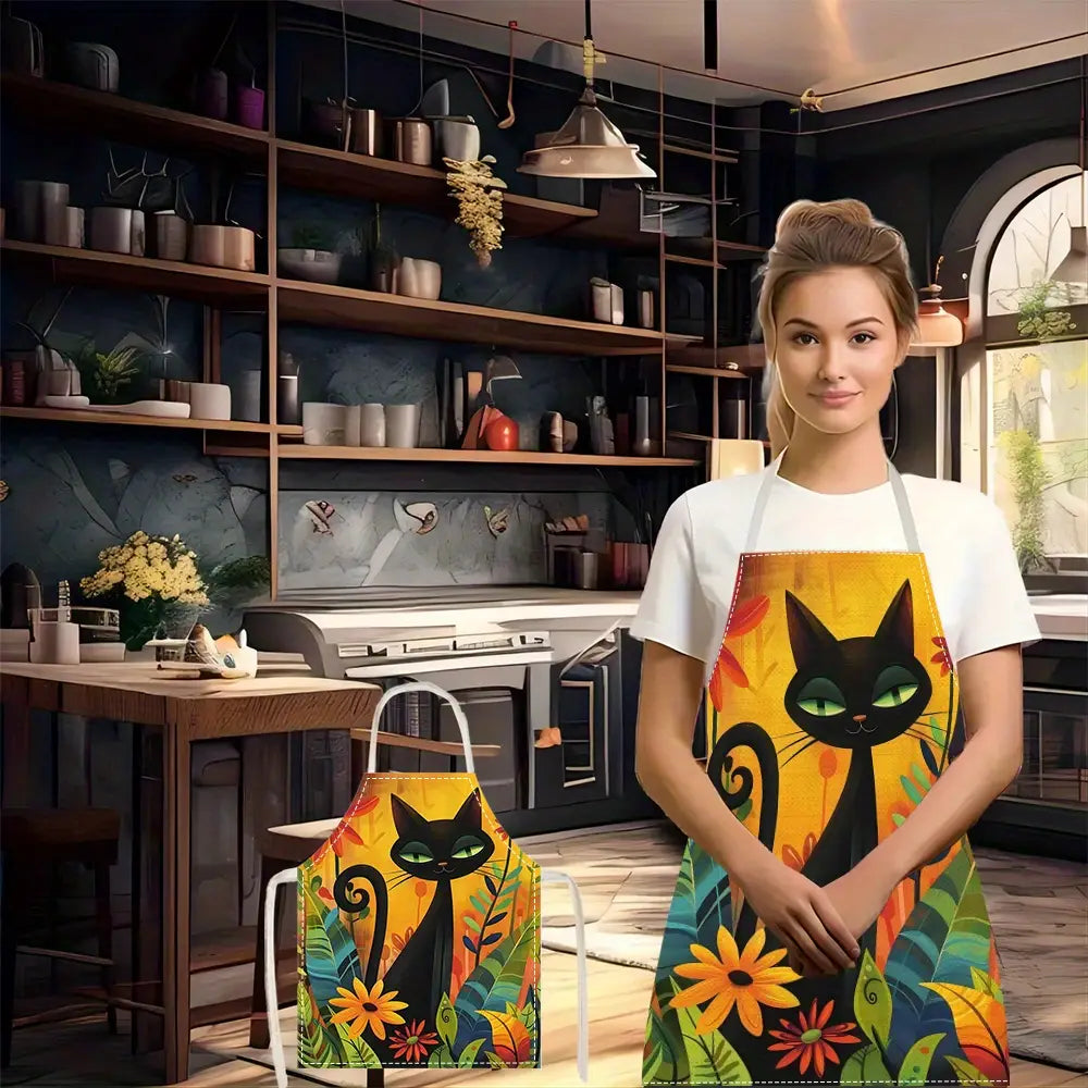 Kitten Design Linen Kitchen Apron, Easy-Clean & Storage