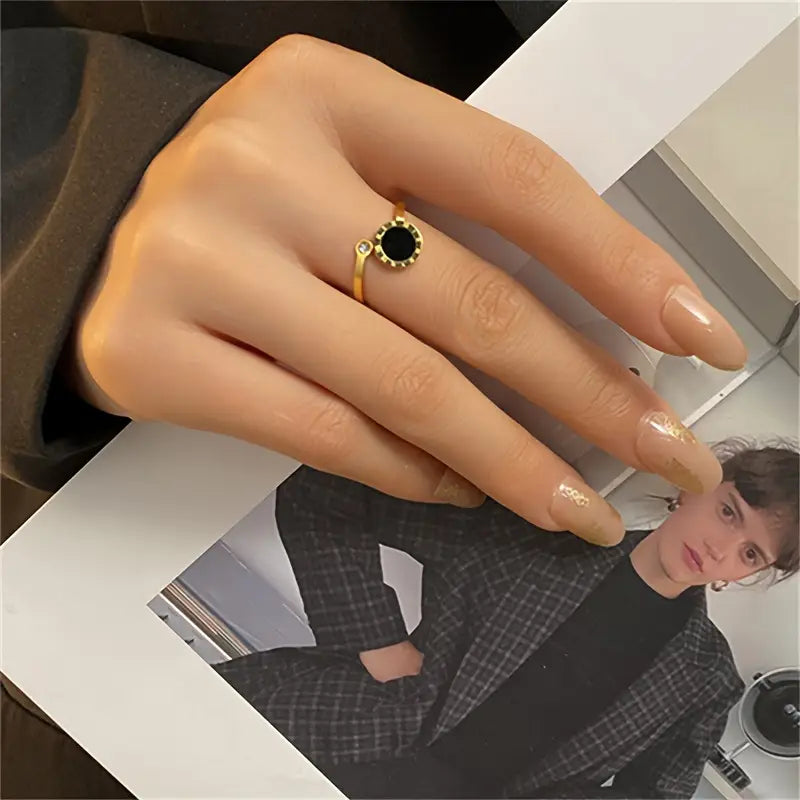 Elegant Black Oval-Cut Roman Numerals Ring