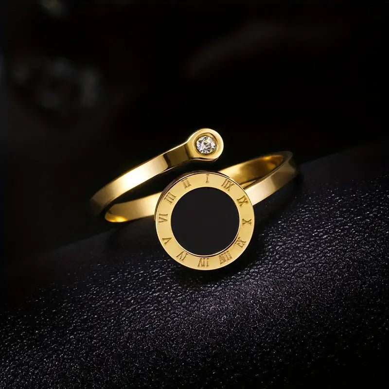 Elegant Black Oval-Cut Roman Numerals Ring