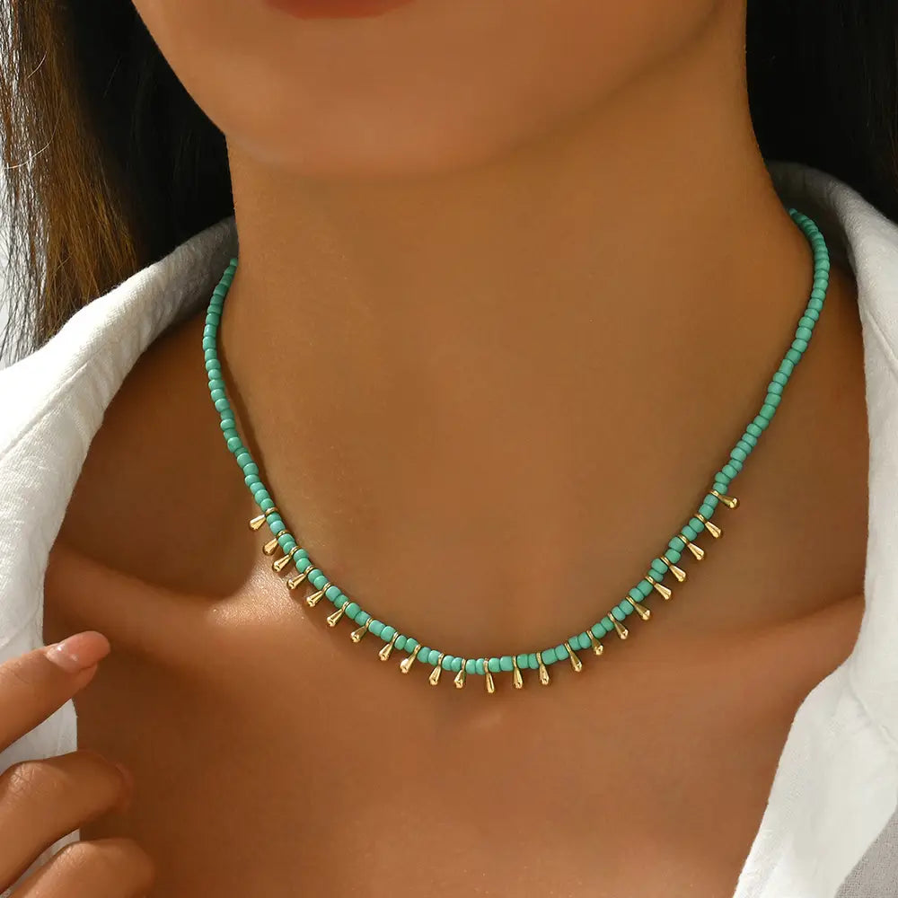 Bohemian Style Beaded Necklace with Drop Bead Collar Chain