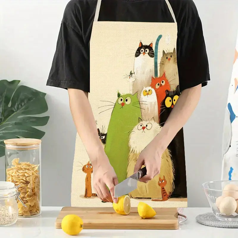 1pc Whimsical Cartoon Cats Linen Apron