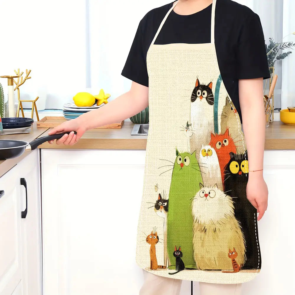 1pc Whimsical Cartoon Cats Linen Apron