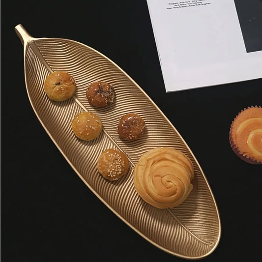 Nordic Style Wooden Candy Snack Serving Tray, Elegant Golden Leaf Design