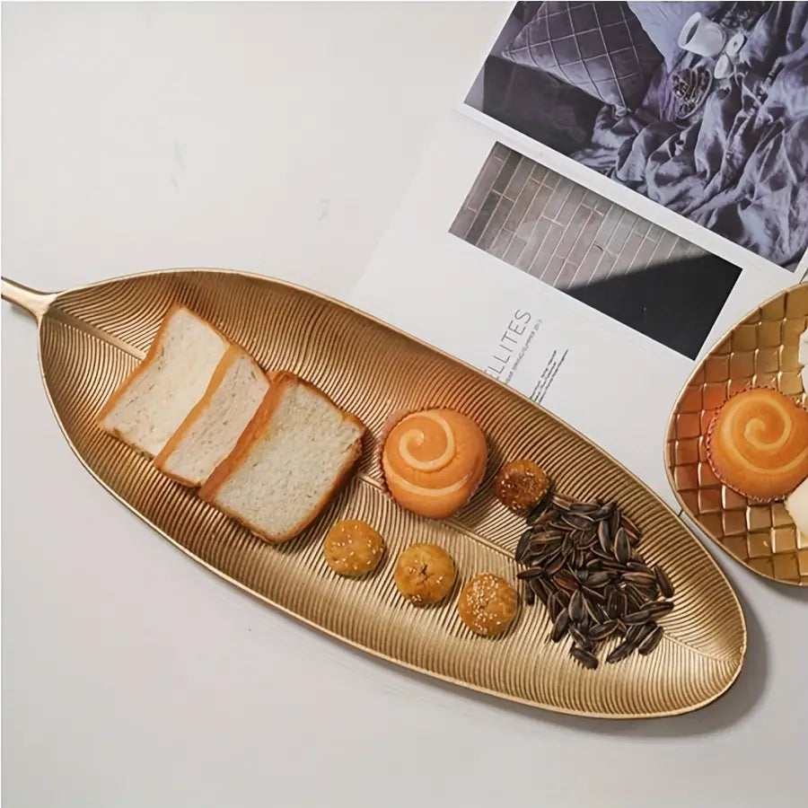 Nordic Style Wooden Candy Snack Serving Tray, Elegant Golden Leaf Design