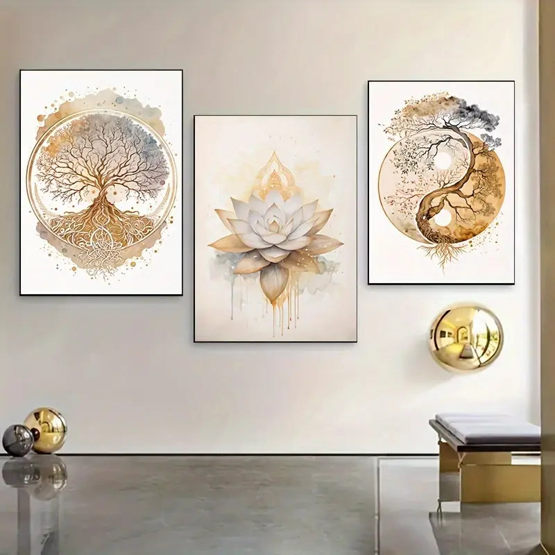 Tree of Life & For Lotus Flower Canvas Art Set, 3pcs - Modern Decorative Wall Prints