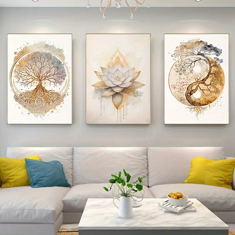 Tree of Life & For Lotus Flower Canvas Art Set, 3pcs - Modern Decorative Wall Prints