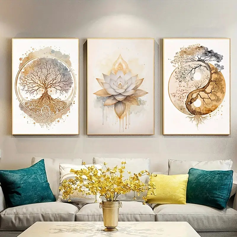 Tree of Life & For Lotus Flower Canvas Art Set, 3pcs - Modern Decorative Wall Prints