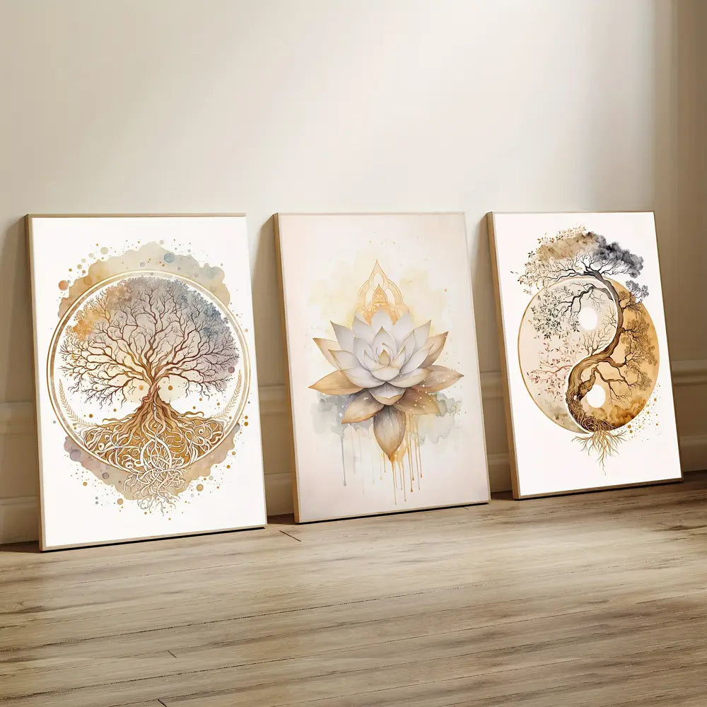 Tree of Life & For Lotus Flower Canvas Art Set, 3pcs - Modern Decorative Wall Prints
