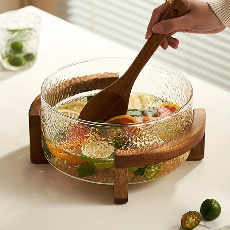 2PCS Glass Fruit Bowls with Wooden Base – Elegant Salad & Snack Bowl Set