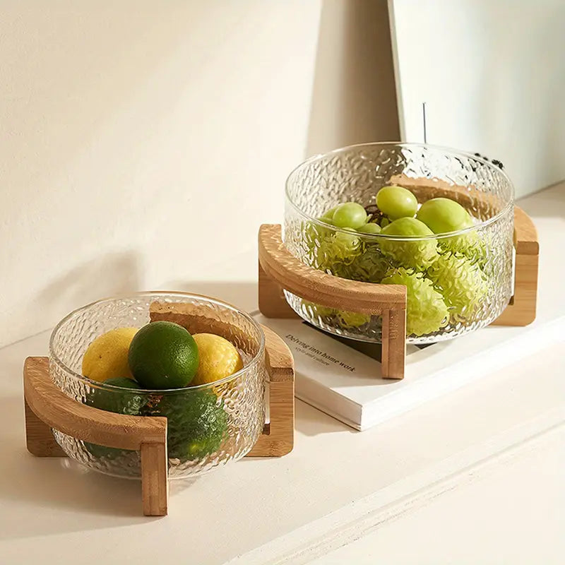 2PCS Glass Fruit Bowls with Wooden Base – Elegant Salad & Snack Bowl Set