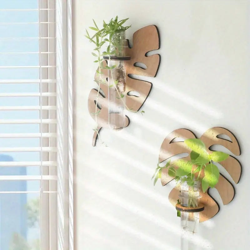 Boho Chic Leaf-Shaped Wall Planter Set with Wooden Stand Hydroponic Plant Holder for Home & Office
