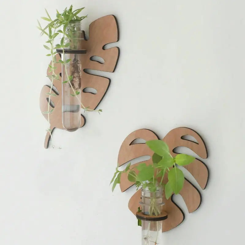 Boho Chic Leaf-Shaped Wall Planter Set with Wooden Stand Hydroponic Plant Holder for Home & Office