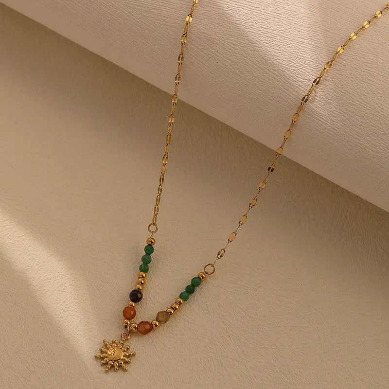 1pc Vintage Style Natural Stone Sun Pendant Necklace, 18K Gold Plated