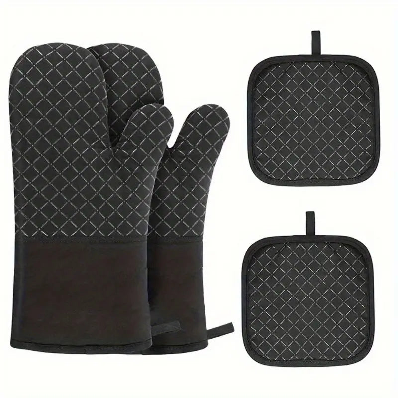 2pcs Silicone Oven Mitts and Pot Holder Set, Thickened Heat Resistant Gloves and Heat Insulation Pad