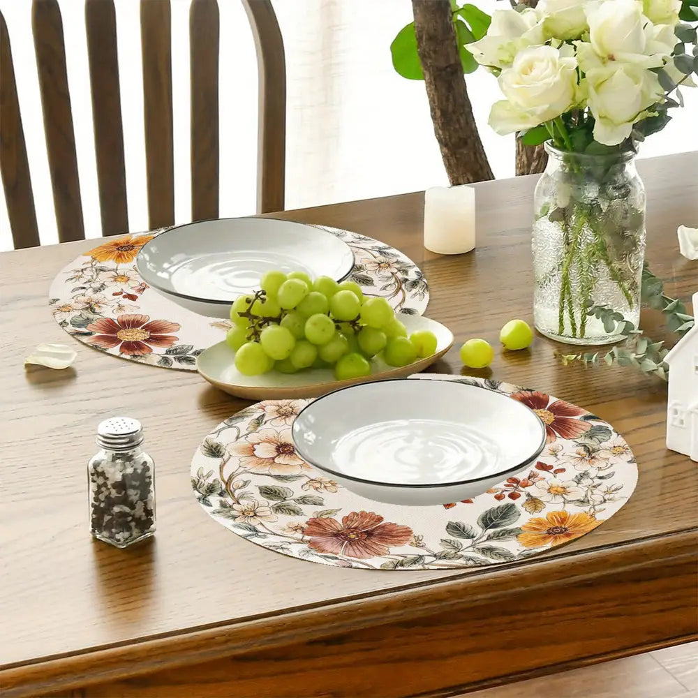 4pcs Set Yellow Floral Wreath Linen Placemats - 15" Round, Hand-Washable Table Mats for Dining & Kitchen Decor