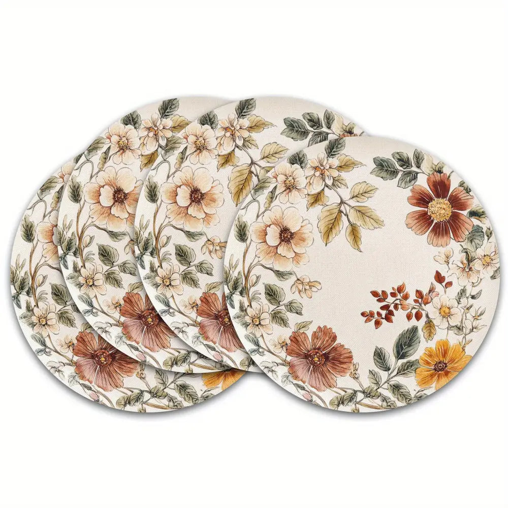 4pcs Set Yellow Floral Wreath Linen Placemats - 15" Round, Hand-Washable Table Mats for Dining & Kitchen Decor
