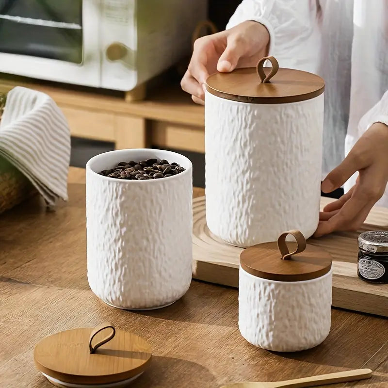1PC Ceramic Storage Jar – Rock Pattern with Bamboo Lid – Kitchen Organizer