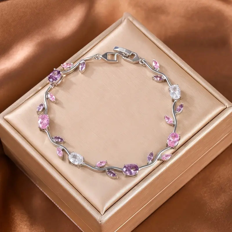 Gold Leaf Charm Bracelet - Multicolor Zirconia Boho