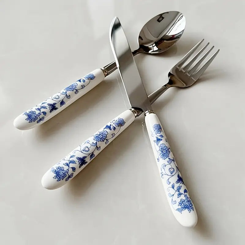 Floral Ceramic Handle Knife Set - Stainless Steel Kitchen Cutlery
