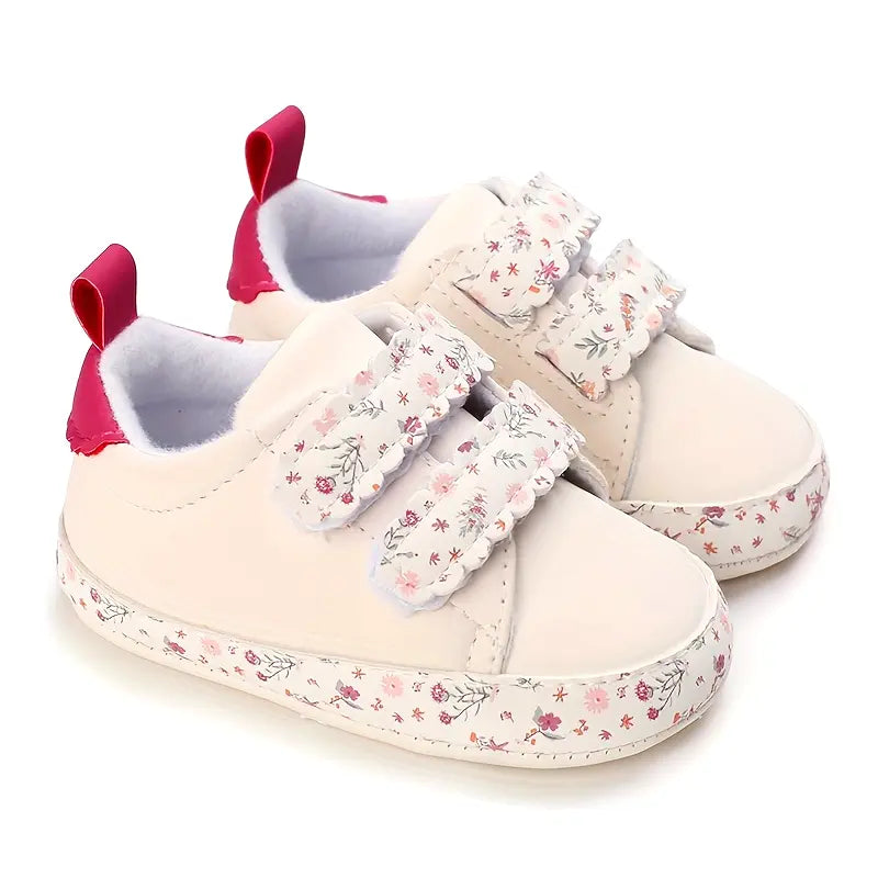 Floral Low-Top Sneakers for Girls | PU Upper, Flat Sole, Adjustable Strap for Toddlers