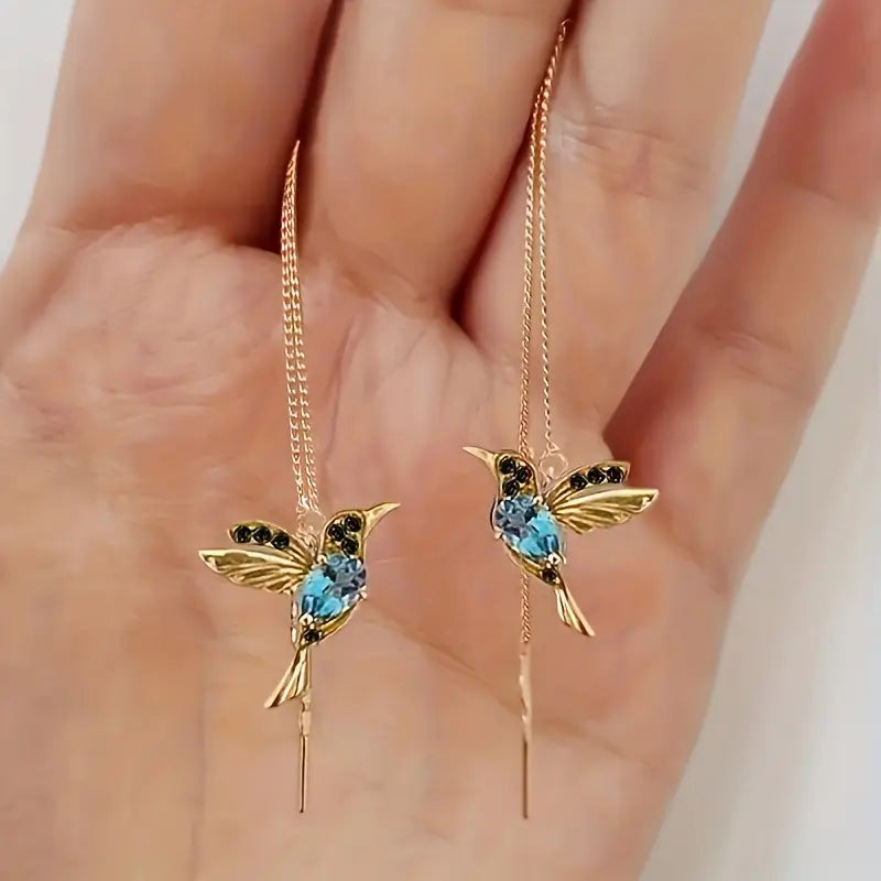 Hummingbird Tassel Drop Earrings with Synthetic Emerald