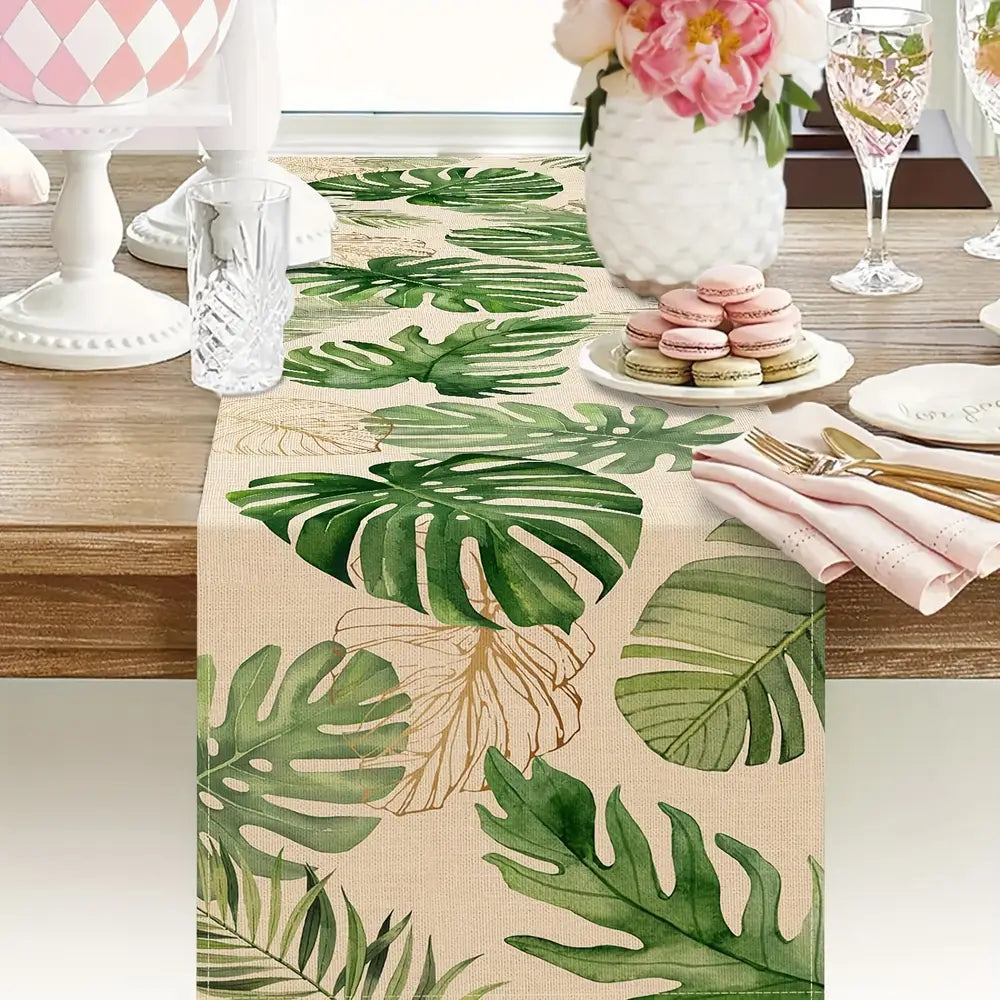 Tropical Palm Leaves Table Runner - Monstera Greenery Design