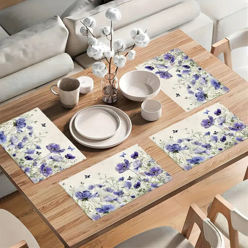 4PC Rustic Floral Placemats – Butterfly & Lavender Pattern, Washable & Waterproof