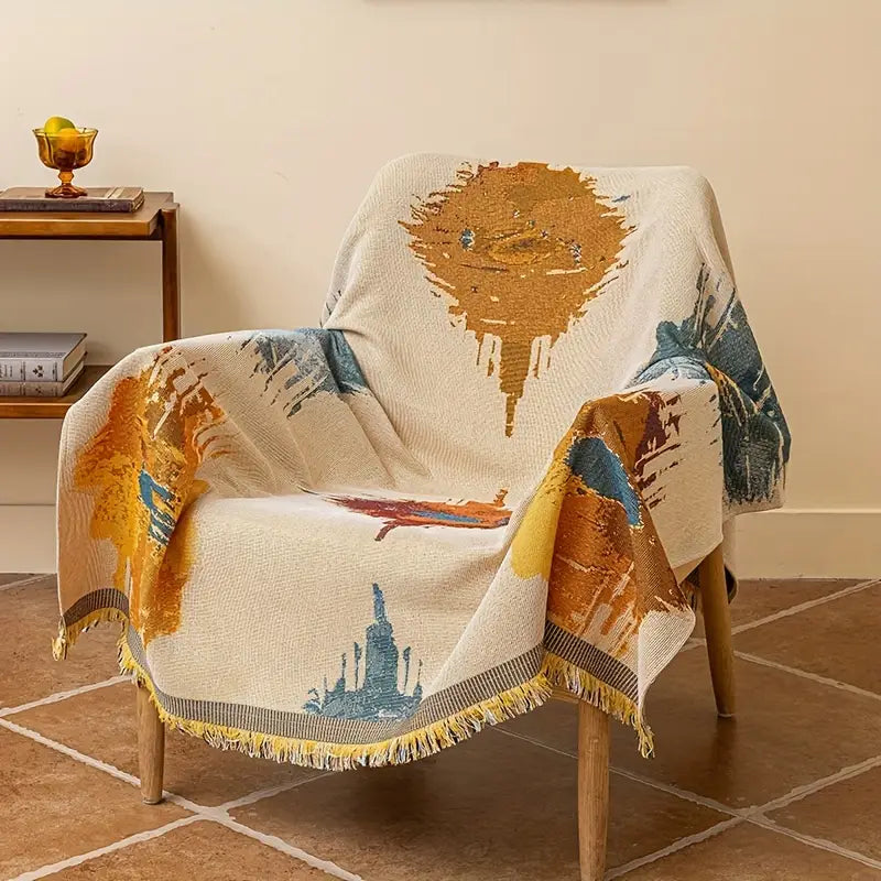 Contemporary Jacquard Woven Throw Blanket with Fringe, Polyester, All-Season Multipurpose