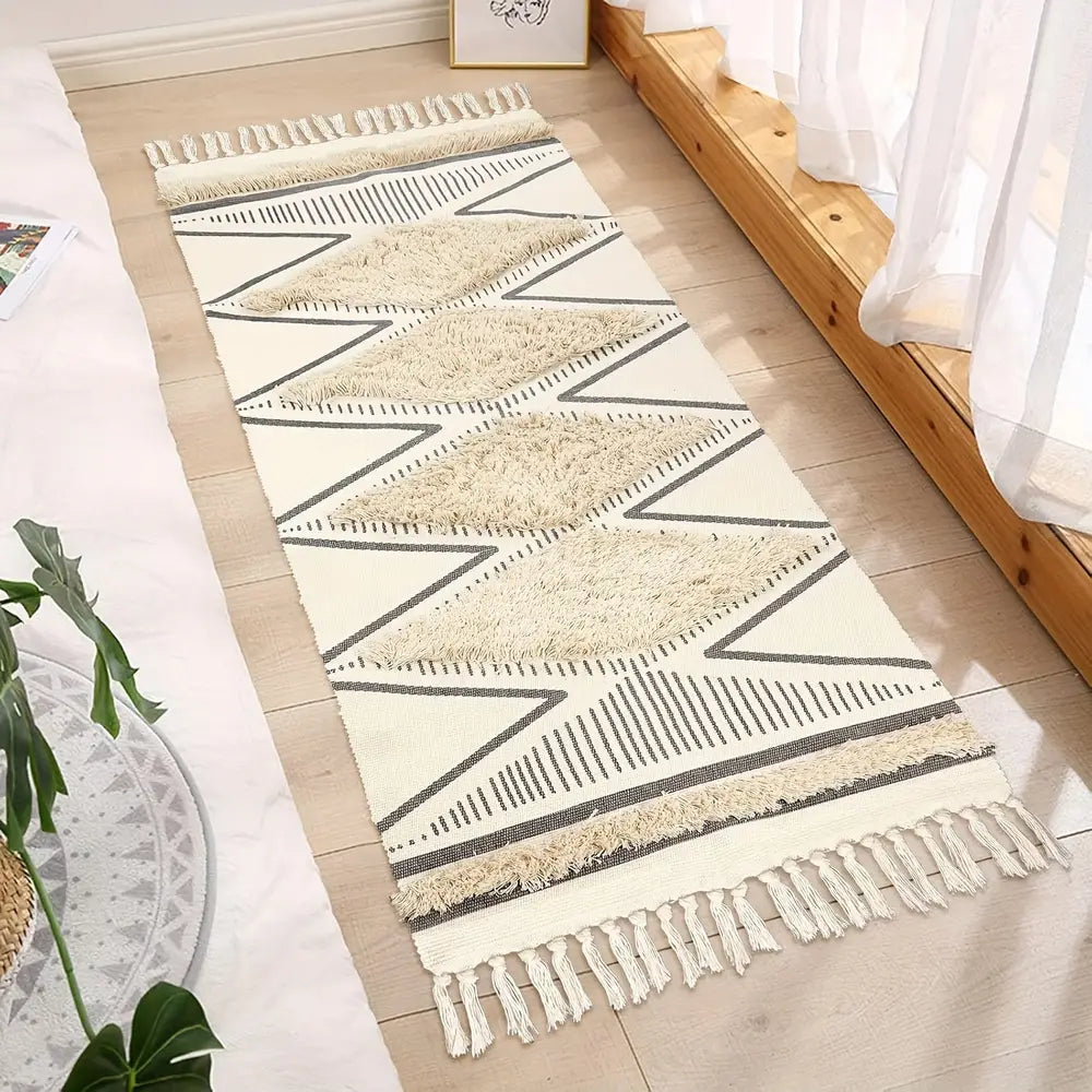 Tapis de bain bohème géométrique, tapis lavable en velours avec pompons