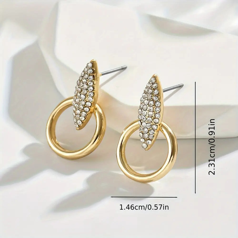 Hollow Circle Leaf Design Shiny Rhinestone Inlaid Dangle Earrings