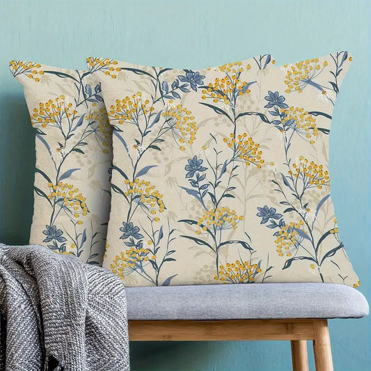 Lot de 2 housses de coussin florales aquarelles bleues et jaunes – Motif végétal vintage pour canapé et extérieur