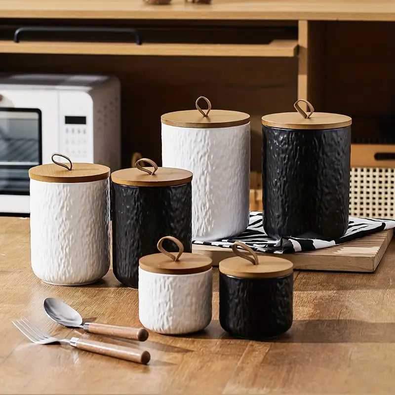1PC Ceramic Storage Jar – Rock Pattern with Bamboo Lid – Kitchen Organizer