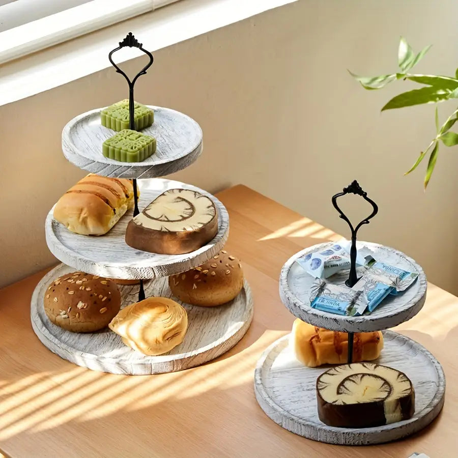 1pc Rustic 2/3-Tier Wooden Cake Stand - Cupcake Display Tray with Decorative Iron Accents