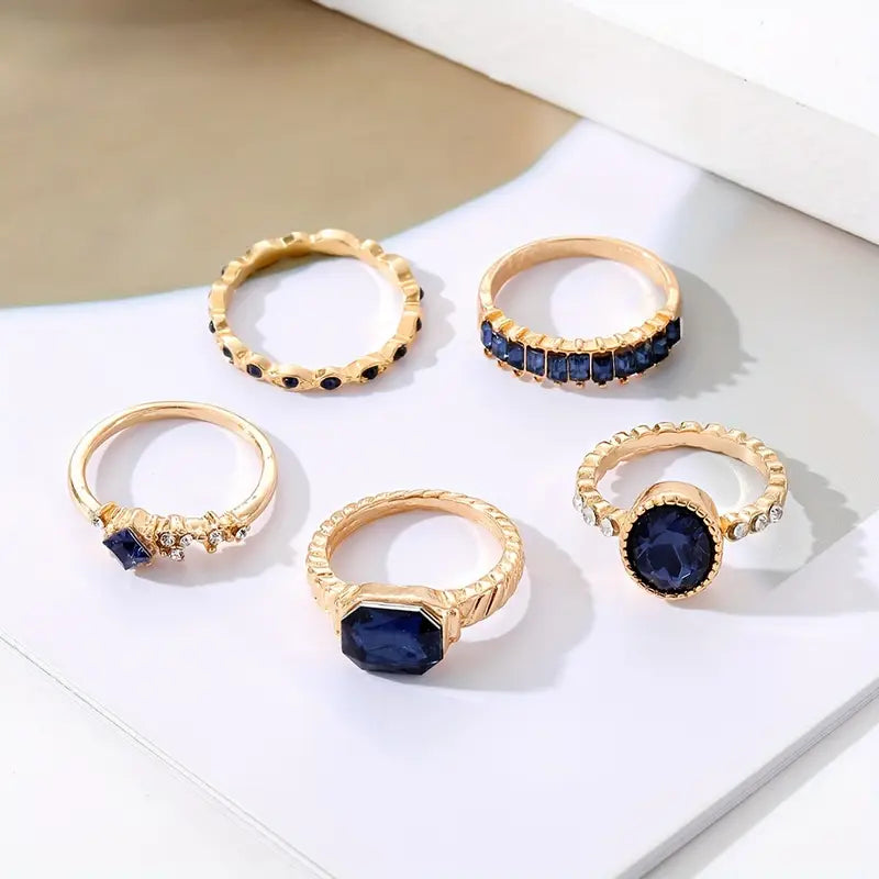 5pcs Elegant Women's Ring Set with Blue & Purple Gemstones - Golden-Toned Alloy, Rhinestone Accents