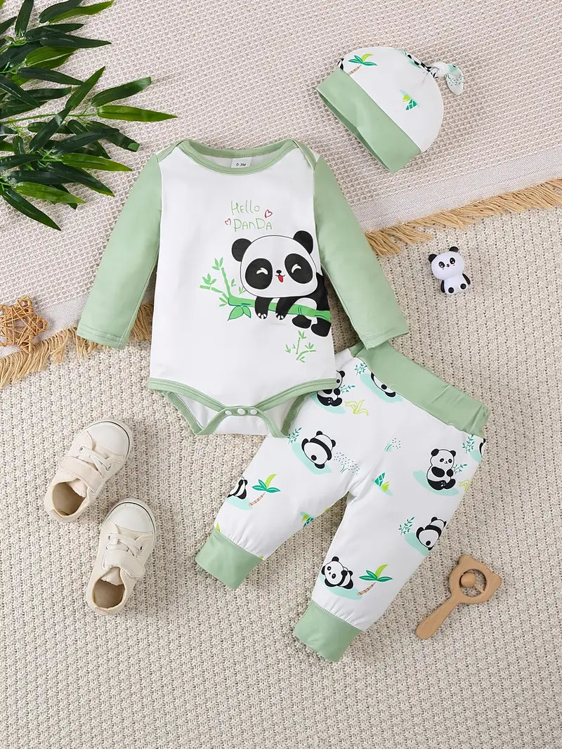 Panda Print Baby Outfit | Spring & Autumn 3-Piece Set with Hat & Pants