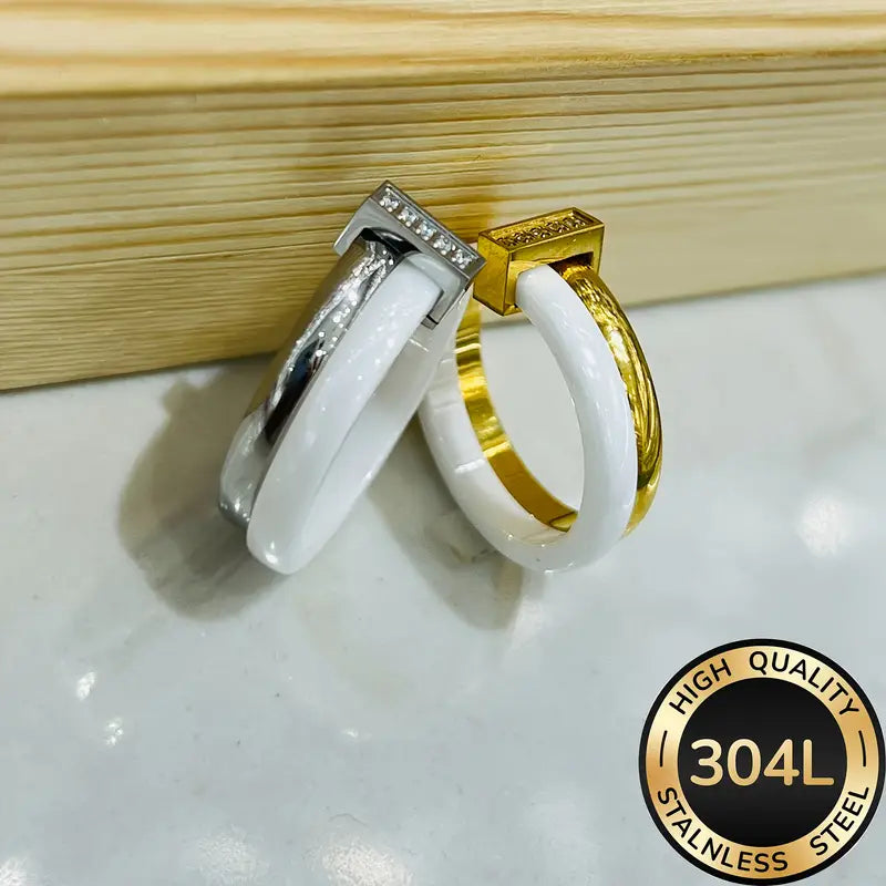 White Ceramic Ring Gold Plated CZ Wedding Band