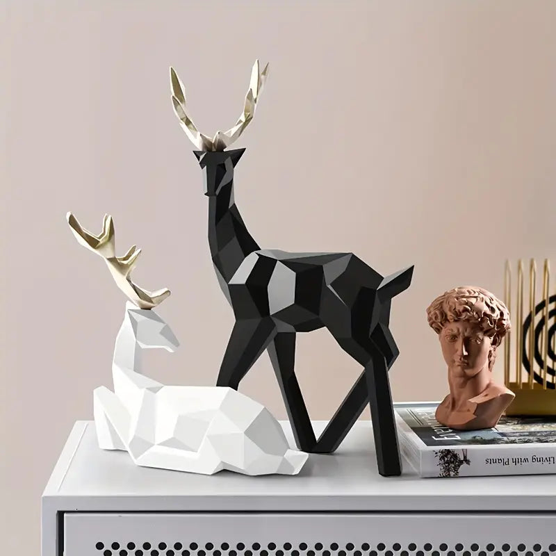 Resin Deer Statues - Geometric Decor for Shelf or Cabinet