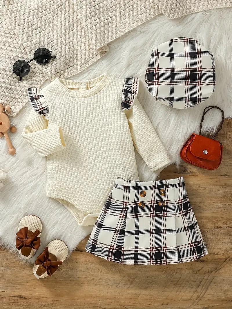 3-delige outfitset voor een chique peutermeisje - rompertje met lange mouwen, rok en bijpassende hoed