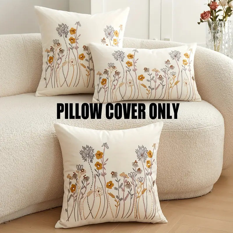 Embroidered Floral Pillow Cover - Woven Polyester Home Decor