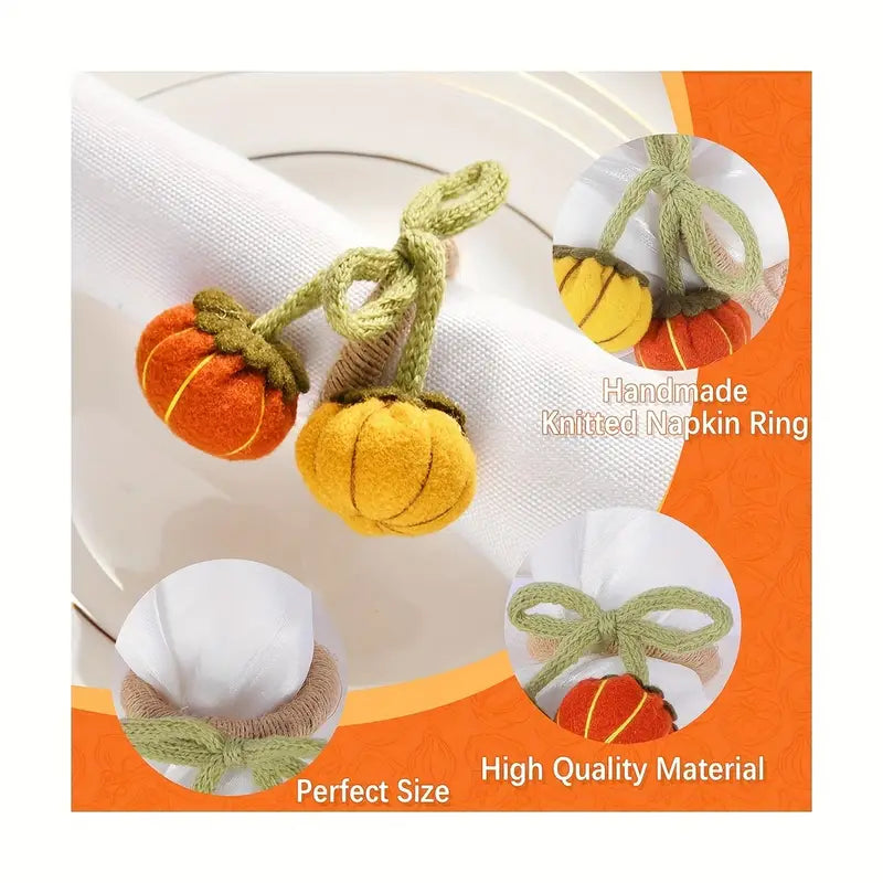 Pumpkin Napkin Rings 6-Pack - Wooden Floral Thanksgiving Dinner Decor