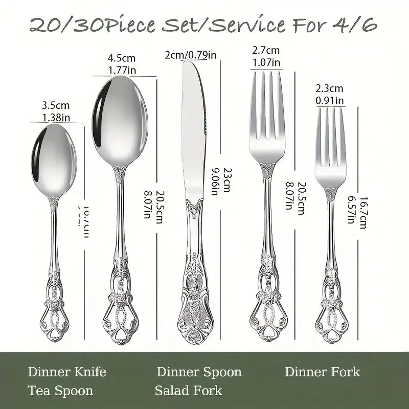 20/30-Piece Luxury Stainless Steel Flatware Set - Vintage Inspired, Mirror Polished