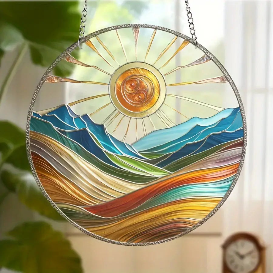 Boho Style Acrylic Stained Glass Sun & Mountain Wall Art, 14.48 cm