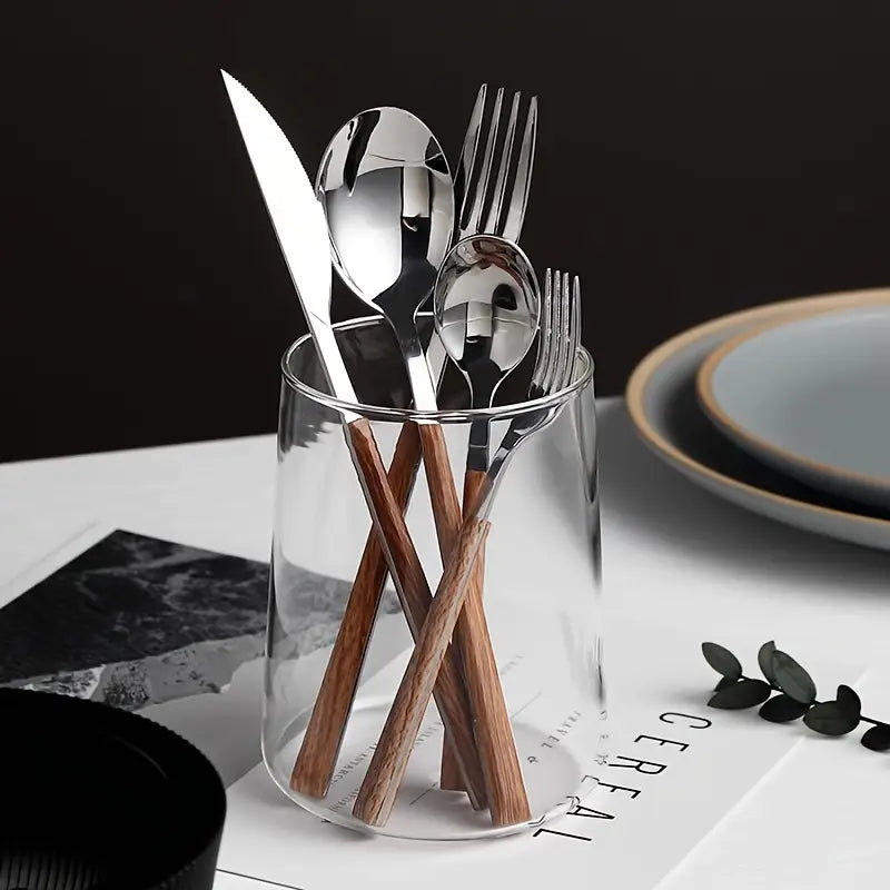 40PC Silverware Set – Faux Wood Handles, 8 Sets – Durable & Dishwasher Safe