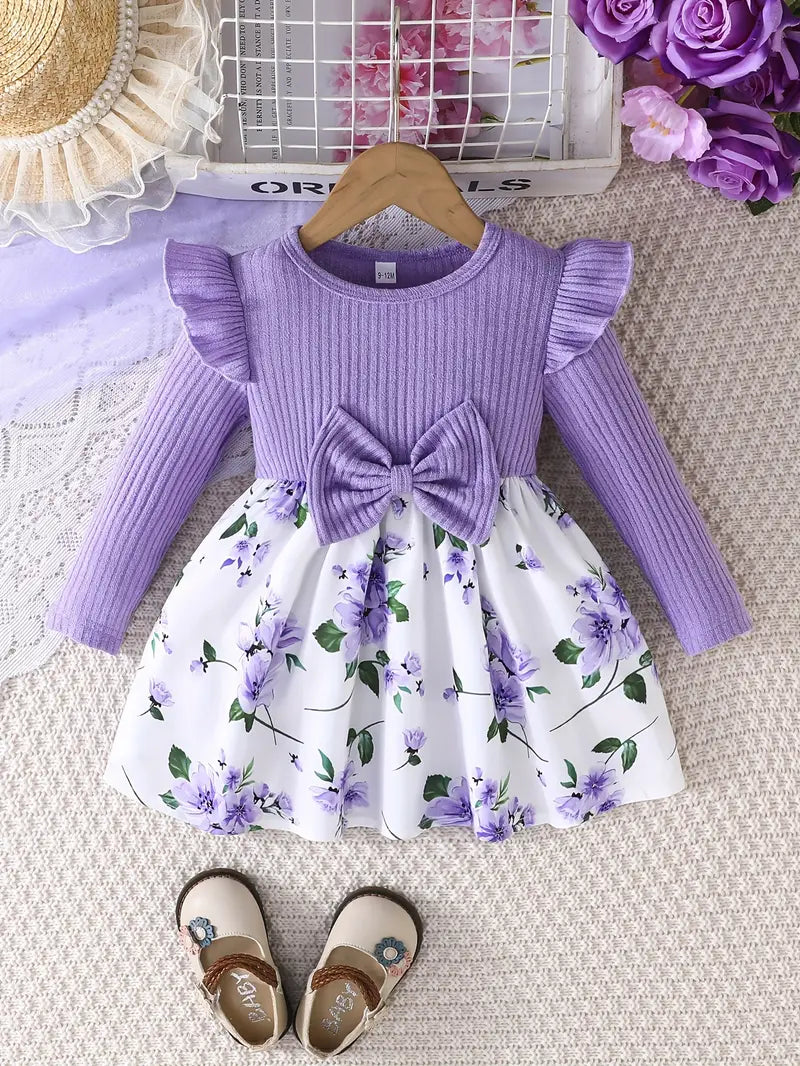 Robe violette à manches longues pour bébé fille | Jupe fleurie et nœud papillon à la taille – Tenue automne-printemps