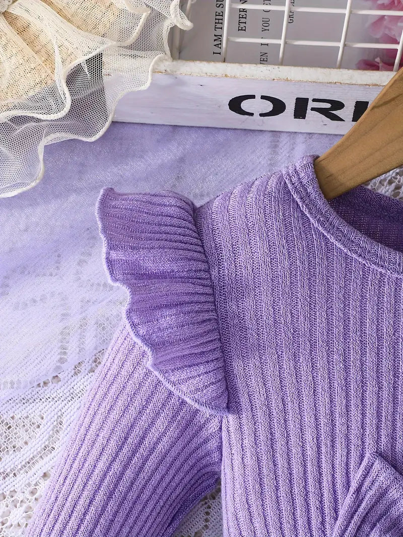 Robe violette à manches longues pour bébé fille | Jupe fleurie et nœud papillon à la taille – Tenue automne-printemps