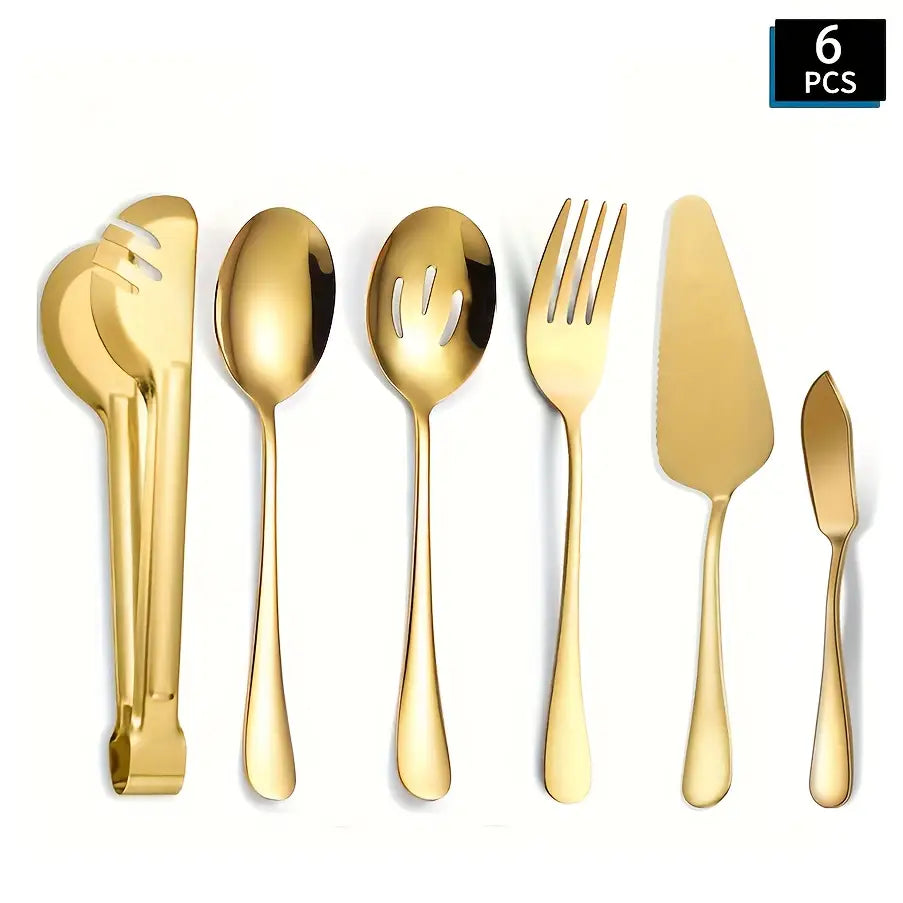 Set of 6 High-quality Stainless Steel Cutlery- Includes Tongs, Serving Spoon, Slotted Serving Spoon, Fork, Cake Shovel, And Butter Knife