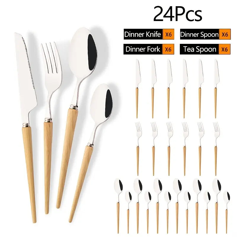 24PC Cutlery Set with Wooden Handles – Elegant Stainless Steel Dinnerware
